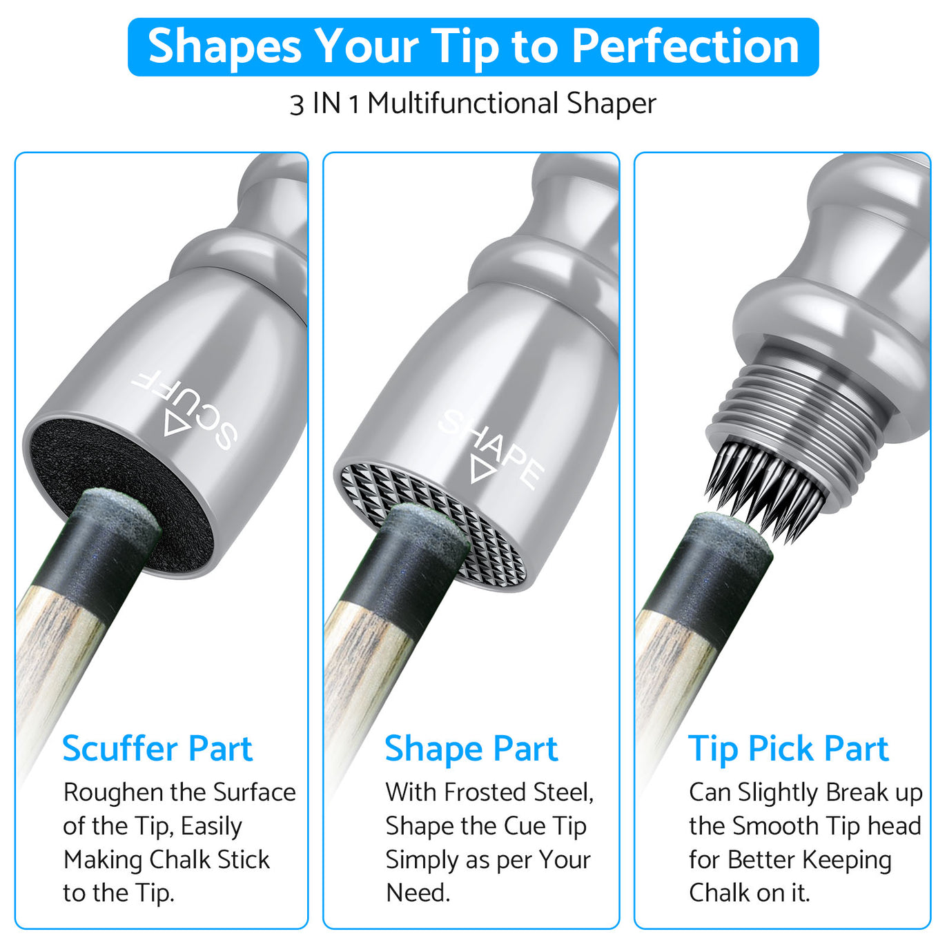 Snooker Pool Cue Tip Shaper 3 in 1 Tool - Shaper, Scuffer, Aerator