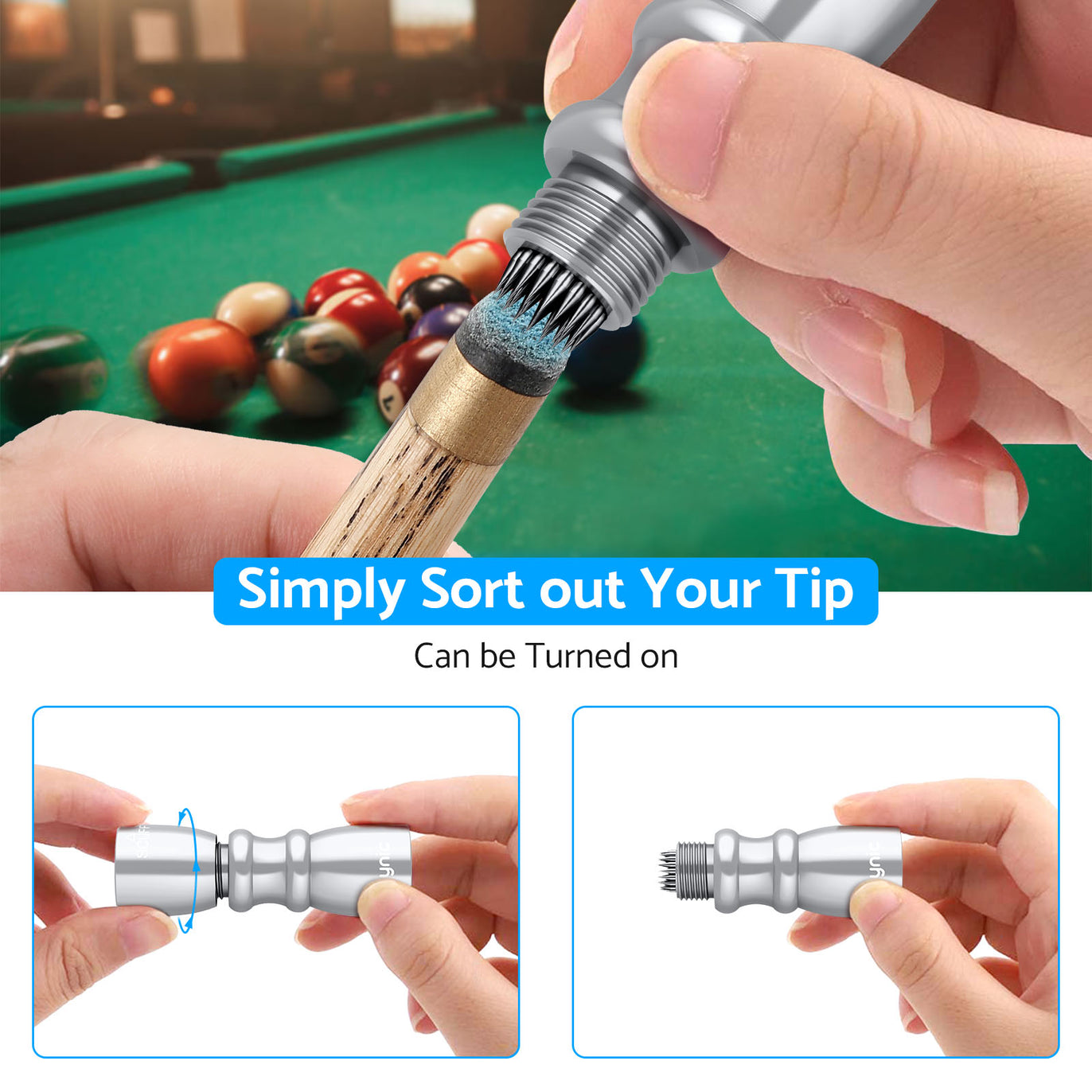 Snooker Pool Cue Tip Shaper 3 in 1 Tool - Shaper, Scuffer, Aerator