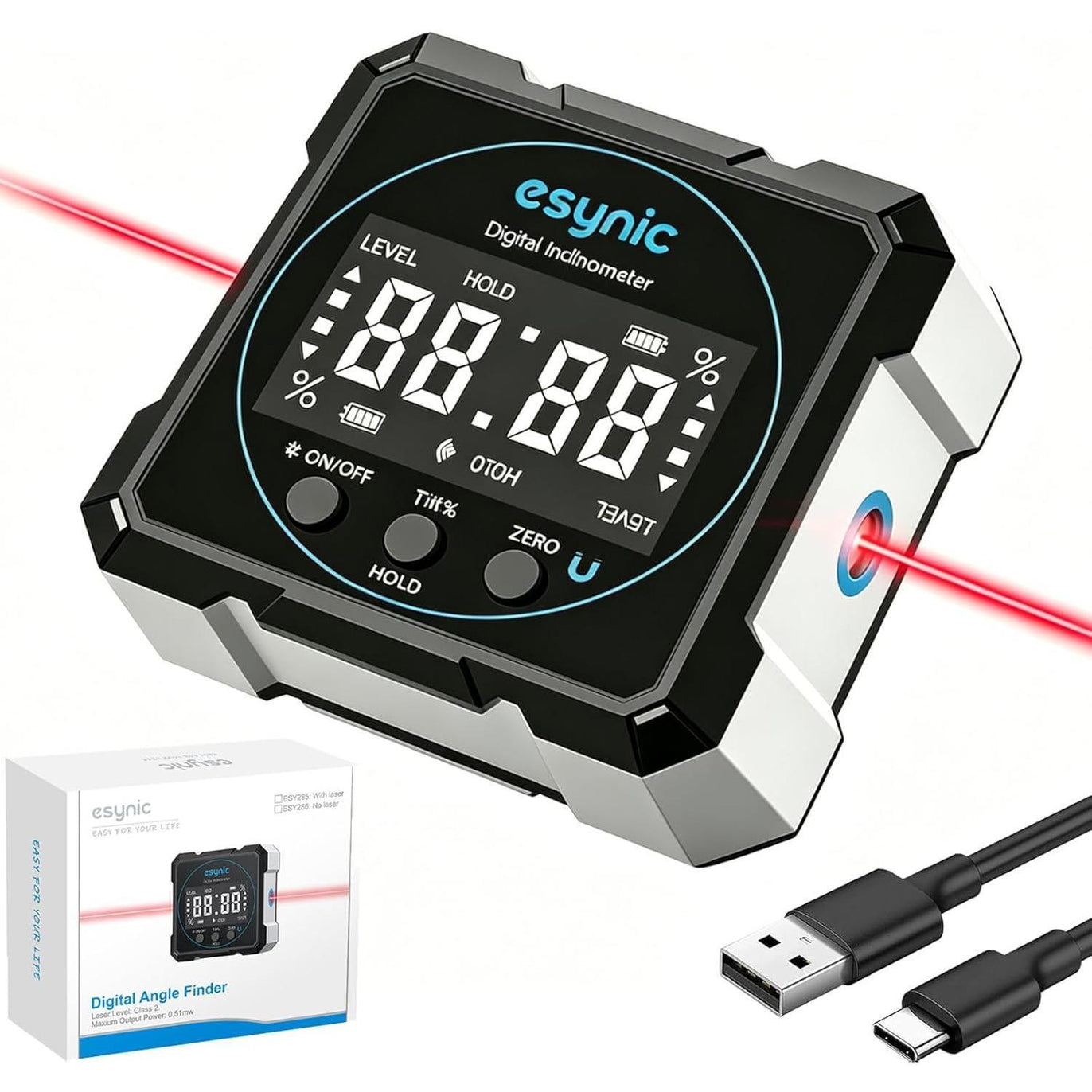 eSynic Durable Digital Level Box with Laser-Type-C Rechargeable 4-Side Magnetic Angle Gauge – 0.05° Resolution-Backlit LCD-for Woodworking/Construction/Auto Repair/Carpenters (Laser Level: Class II)