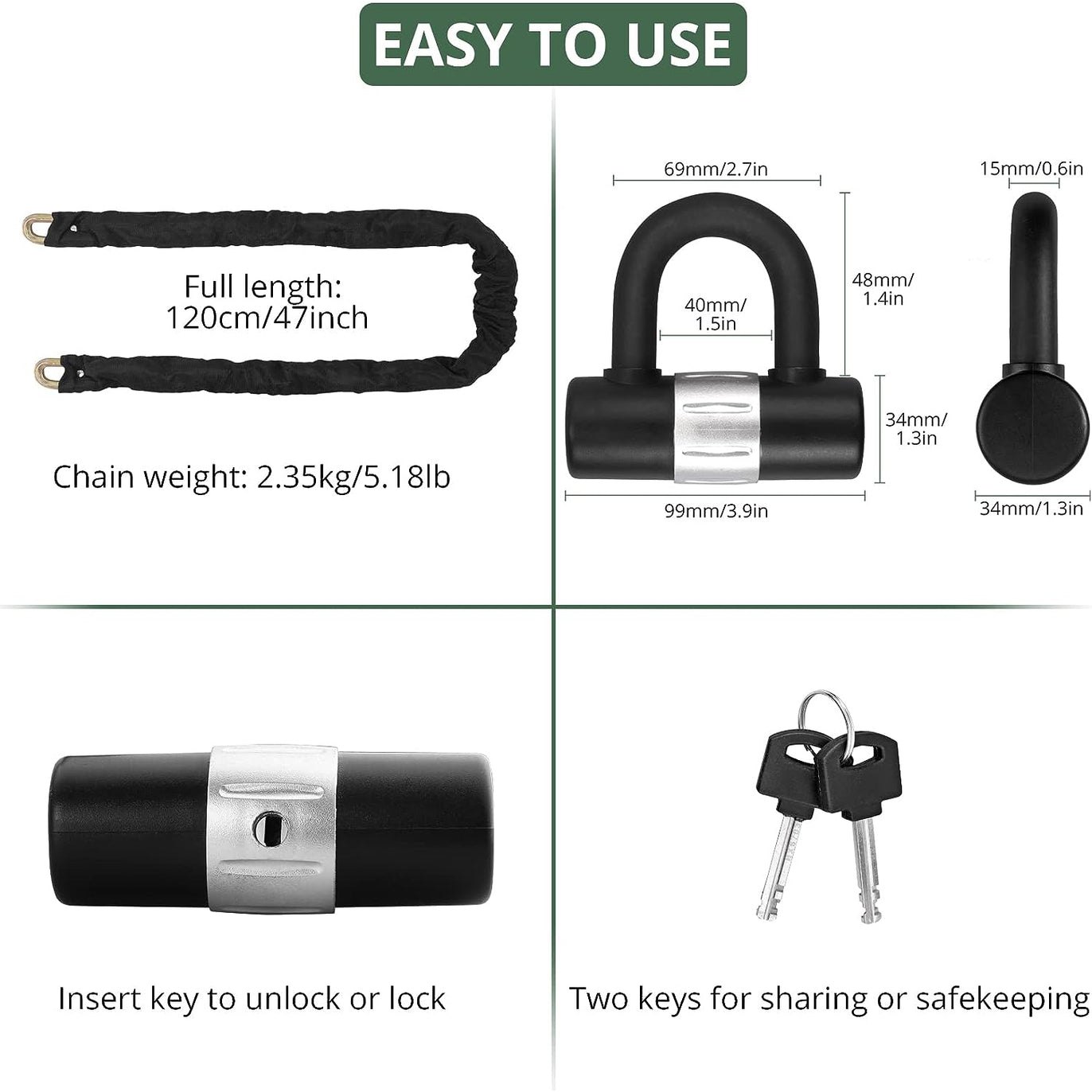 Motorcycle Chain Lock 4ft/120cm + U Lock