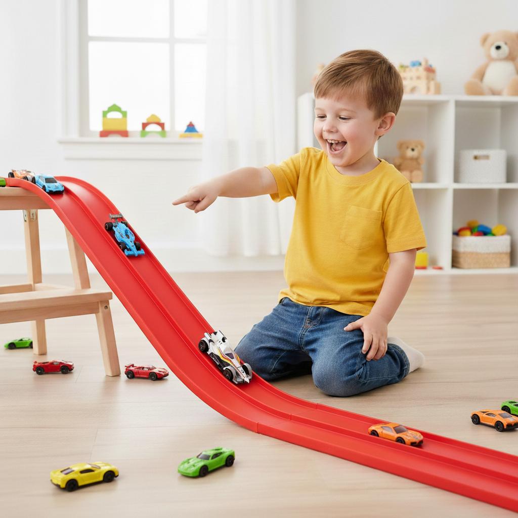 16FT Flex Tracks for Kids: Flexible Race Car Ramp with 4 Small Racecars & 6 Suction Cups, Compatible with 1:64 Diecast Cars, Roll-Up Portable Racetrack for Ages 3+, Perfect Birthday & Christmas Gift