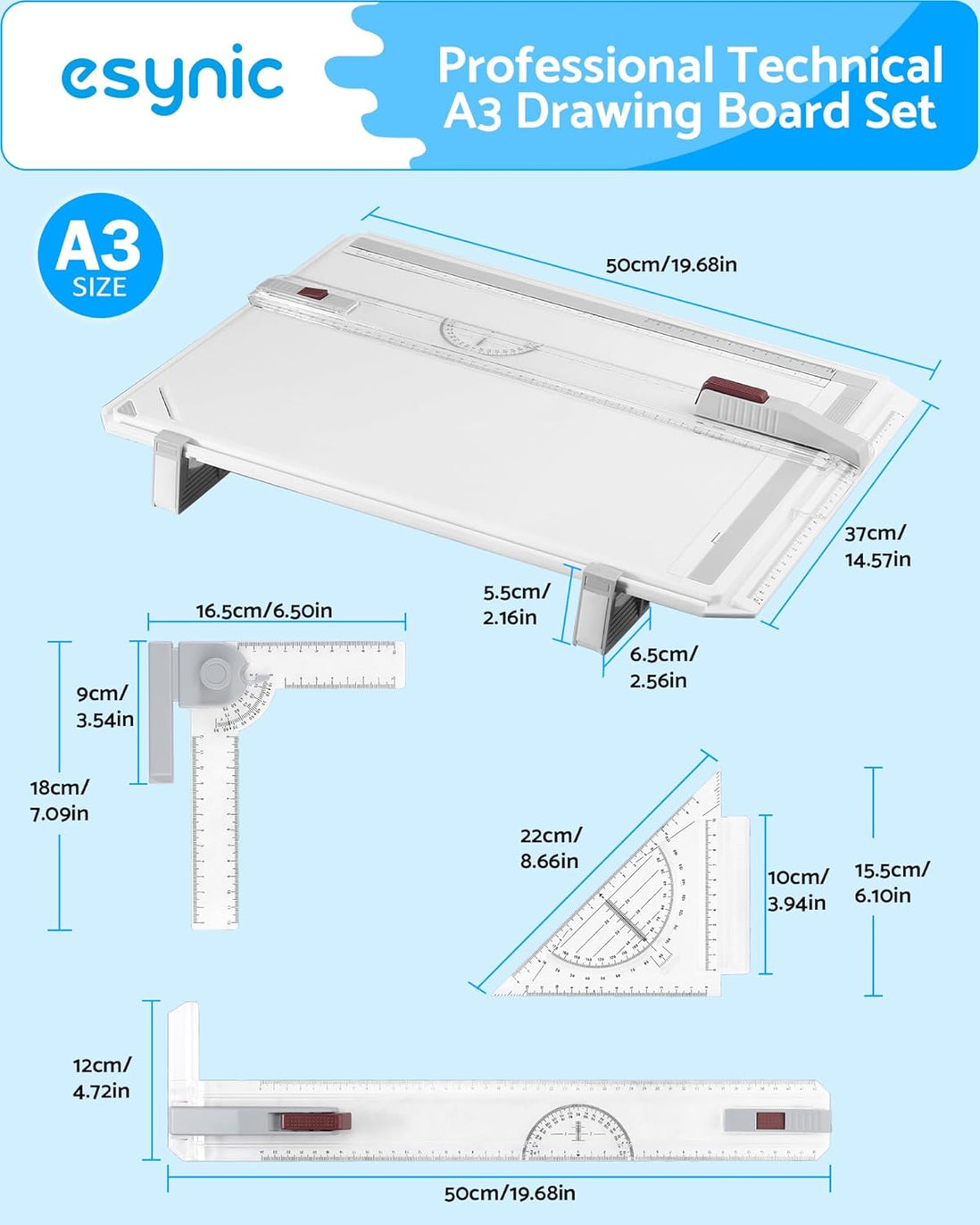eSynic A3 Drawing Board Set, A3 Multifunction Drafting Table Adjustable Measuring System Angle Parallel Motion Drawing Board with Protractor, Paper Locator, Sliding Ruler, Anti Slip Support Leg