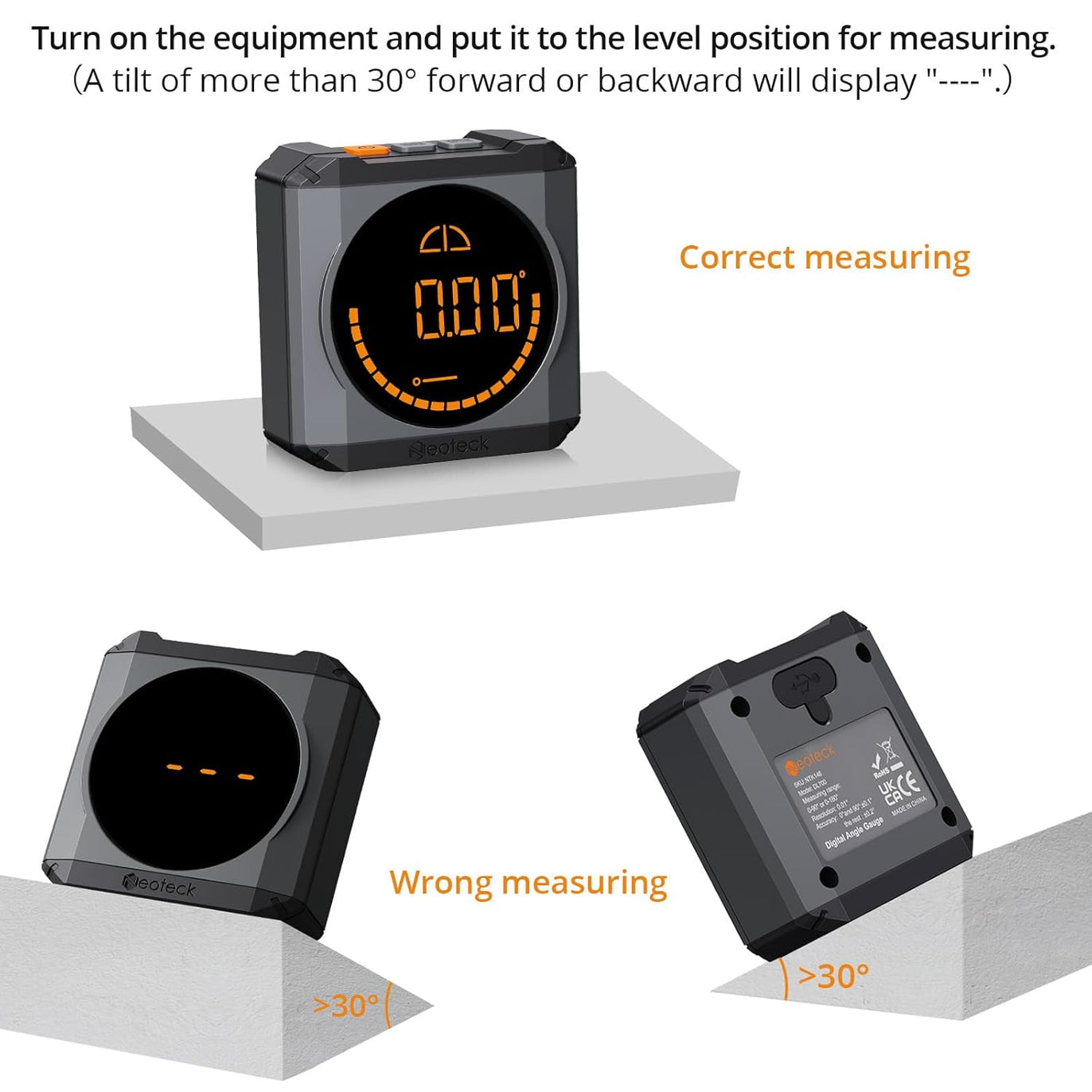Neoteck Digital Angle Finder LED Rechargeable Level Box Protractor Bevel Gauge Inclinometer with Magnetic Base IP54 Waterproof for Woodworking Home Decoration