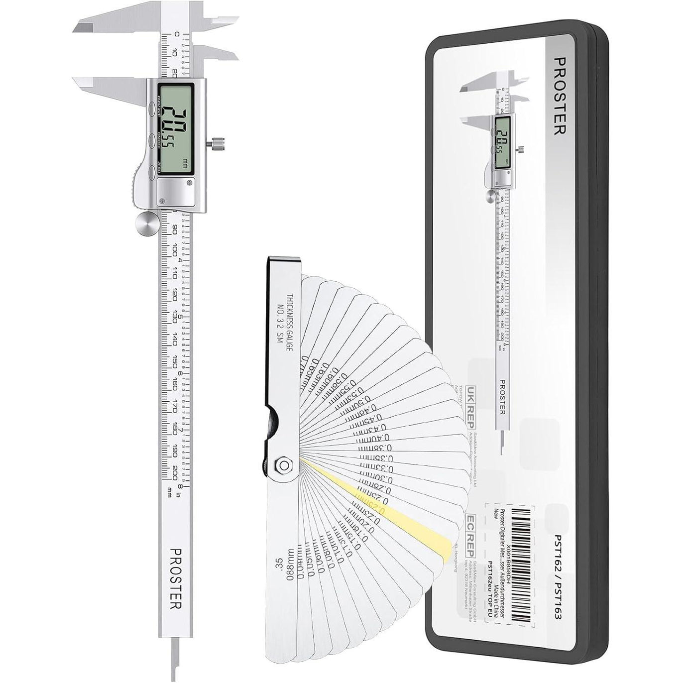 Proster Digital Vernier Caliper 6inch/150mm + 32 Feeler Gauges Dial Caliper Caliper Fraction/Inch/Metric Electronic Caliper Measuring Tool for Length Width Depth Inner Outer Diameter