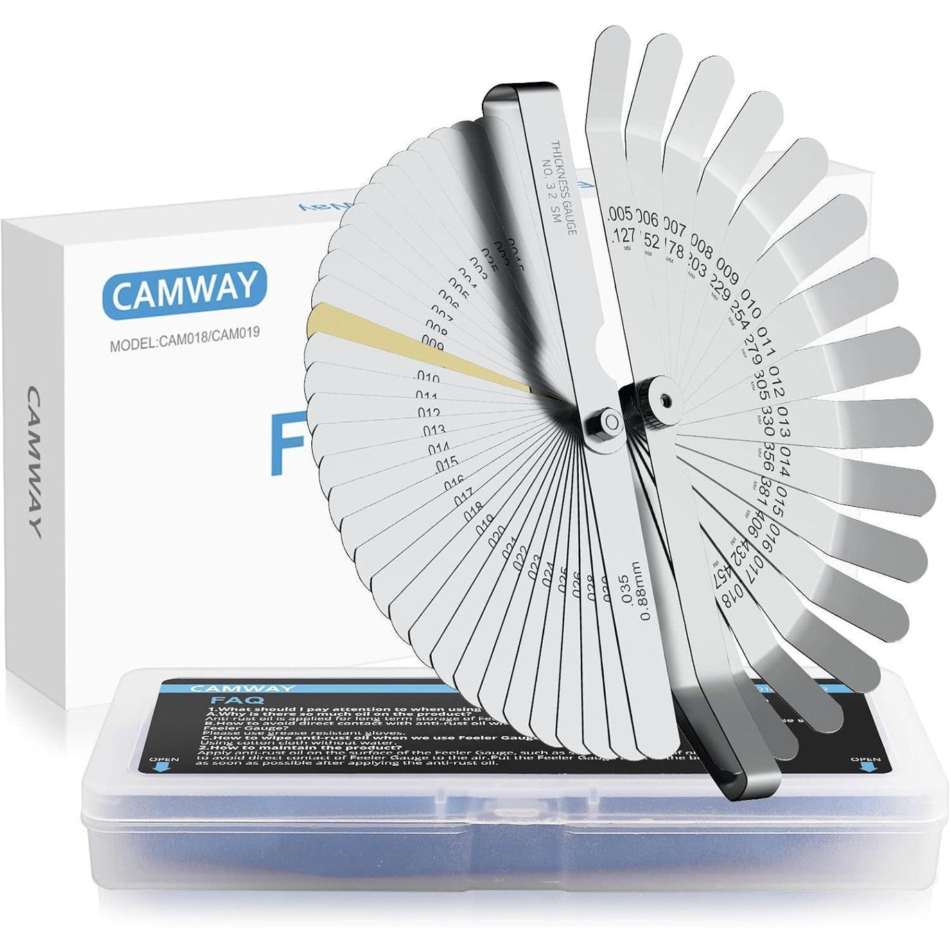 CAMWAY 2Pcs Feeler Gauge Set Steel Metric/Inch 32 Straight Blade Steel Feeler Gauge+16pcs Feeler Gauge 45º Blades Offset for Measuring Gap Width Thickness Valve Spark Plug Gaps Measuring Tools