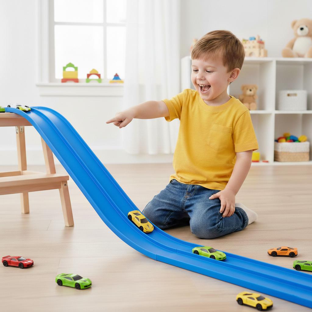 16FT Flex Tracks for Kids: Flexible Race Car Ramp with 4 Small Racecars & 6 Suction Cups, Compatible with 1:64 Diecast Cars, Roll-Up Portable Racetrack for Ages 3+, Perfect Birthday & Christmas Gift
