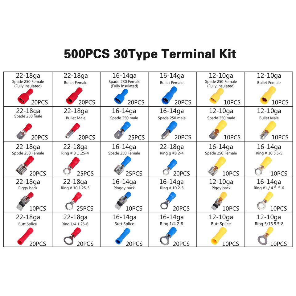eSynic 500Pc Insulated Electrical Wire Connector Terminal Assorted Set + Crimping Plier
