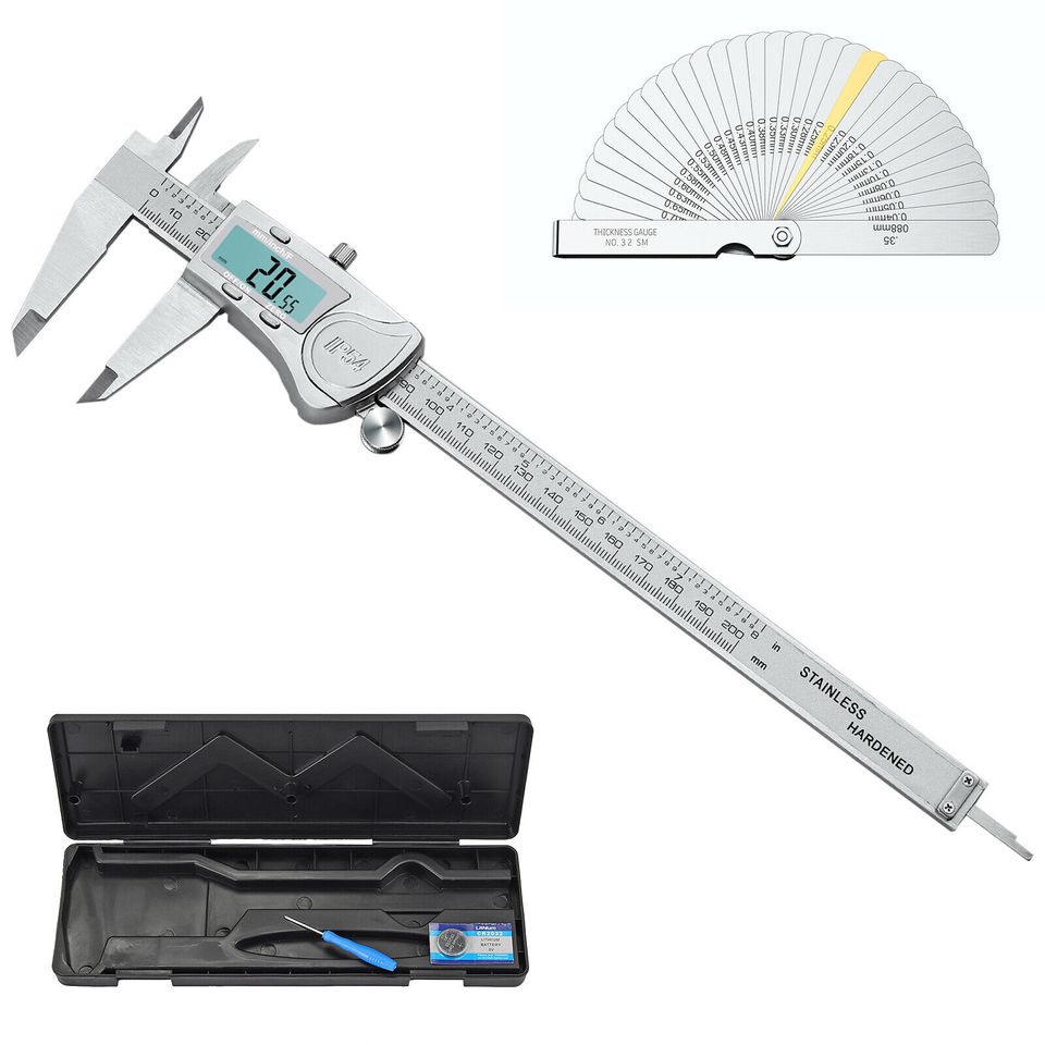 eSynic 8 in Stainless Steel Digital Vernier Caliper Waterproof Micrometer Feeler Gauge