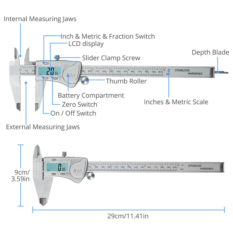 eSynic 8 in Stainless Steel Digital Vernier Caliper Waterproof Micrometer Feeler Gauge