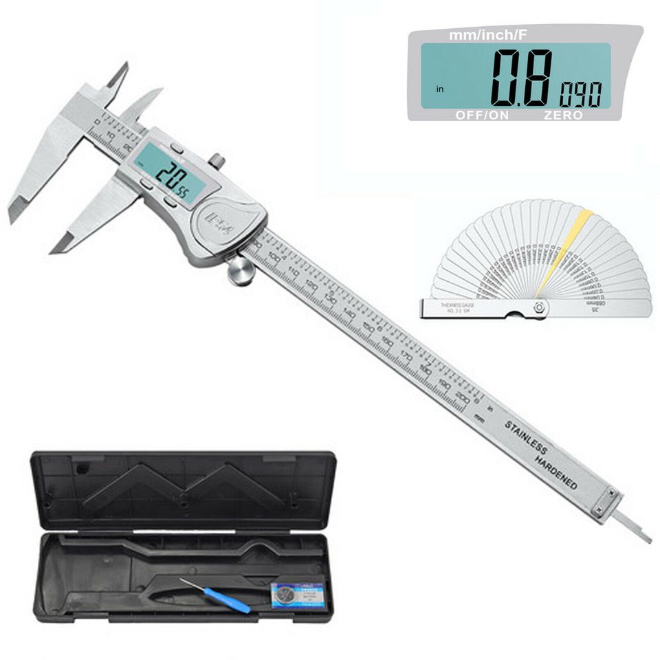 eSynic 8 in Stainless Steel Digital Vernier Caliper Waterproof Micrometer Feeler Gauge
