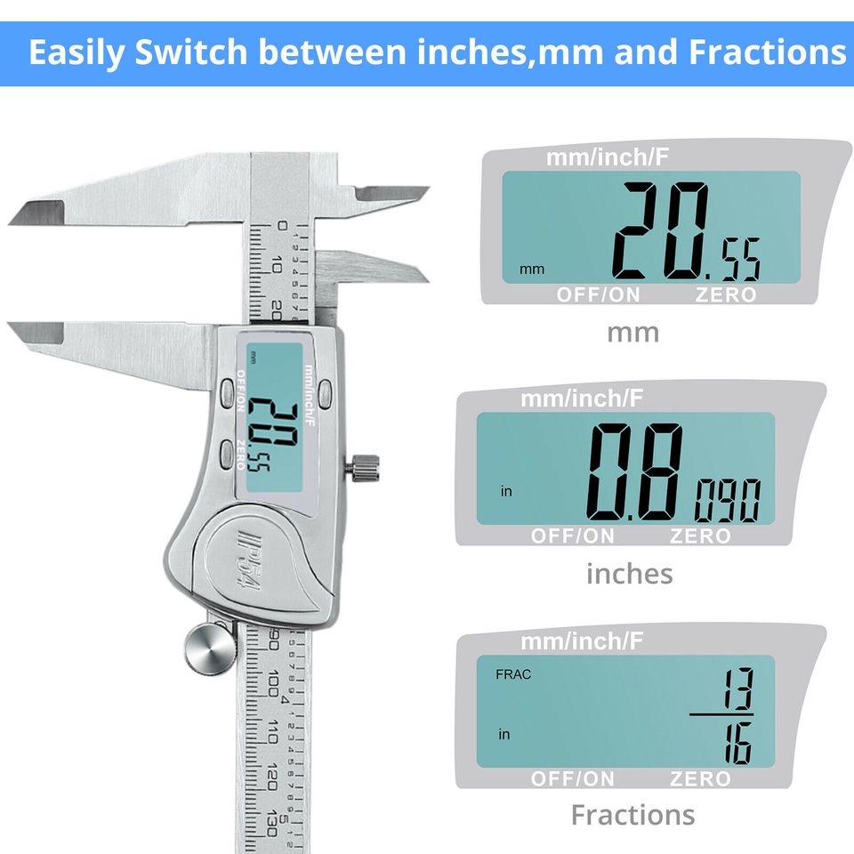 eSynic 8 in Stainless Steel Digital Vernier Caliper Waterproof Micrometer Feeler Gauge