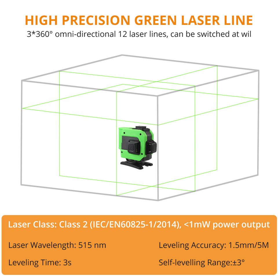 eSYNiC 3D 12 Line Green Laser Level Auto Self Leveling 360° Rotary Cross Measure w/ Box US
