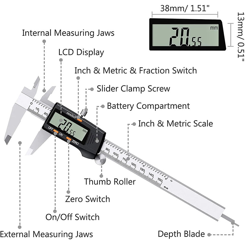 eSynic Vernier Caliper 150mm/6Inch + Feeler Gauge Stainless Steel