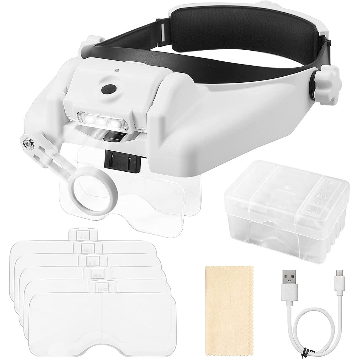 eSynic Head Magnifier Rechargeable 1X to 3.5X 5 Detachable Lenses Head Magnifier