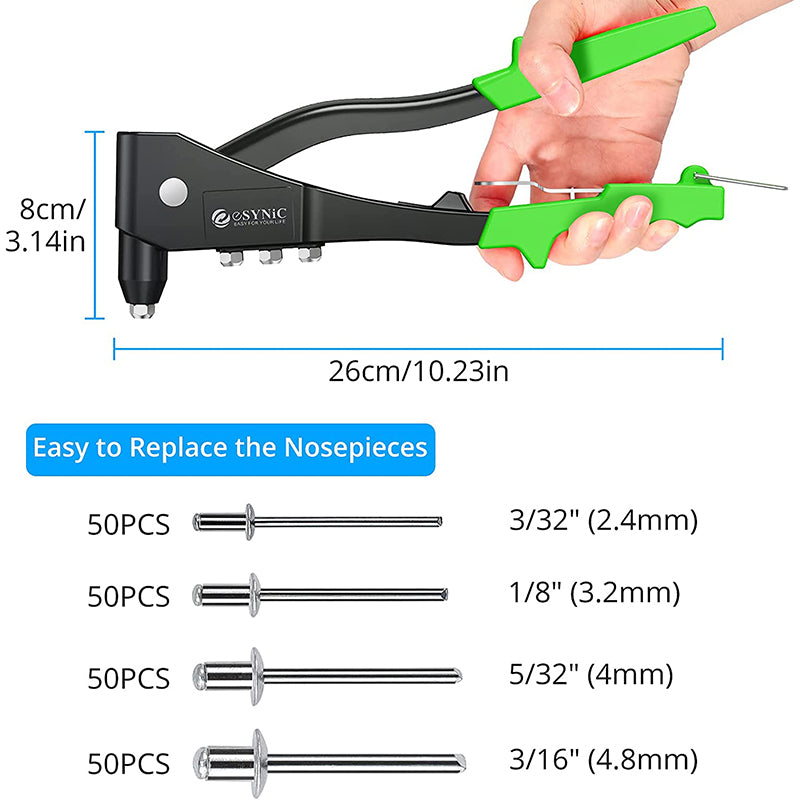 eSynic Professional Green Pop Hand Riveter Set Heavy Duty with 200pcs