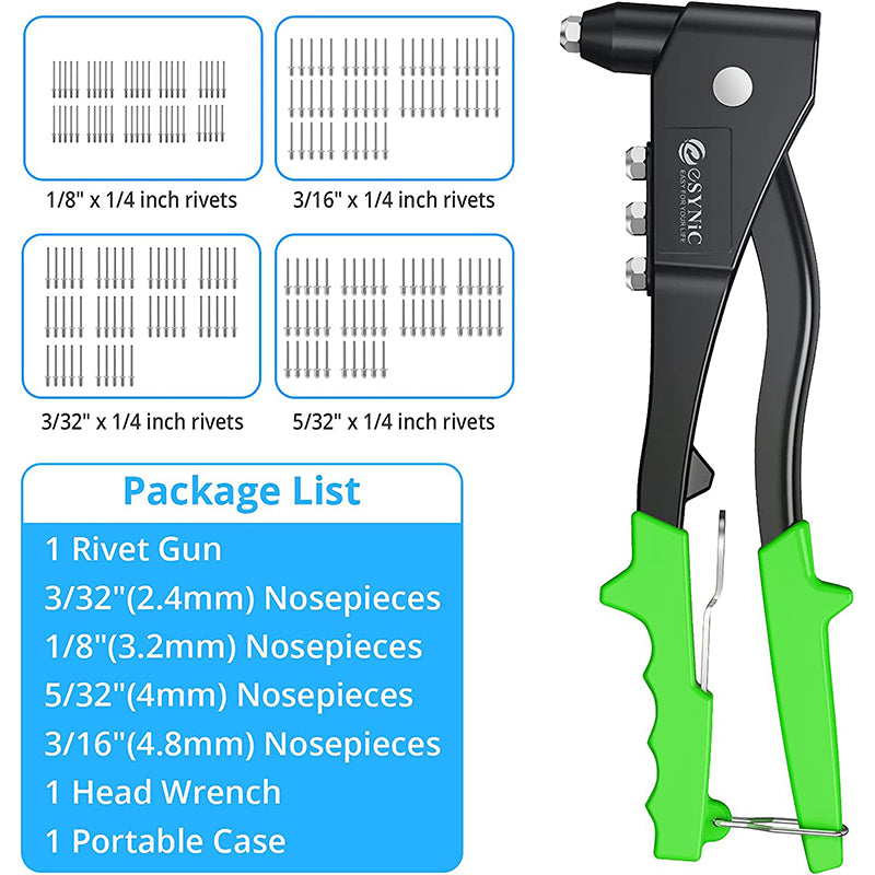eSynic Professional Green Pop Hand Riveter Set Heavy Duty with 200pcs
