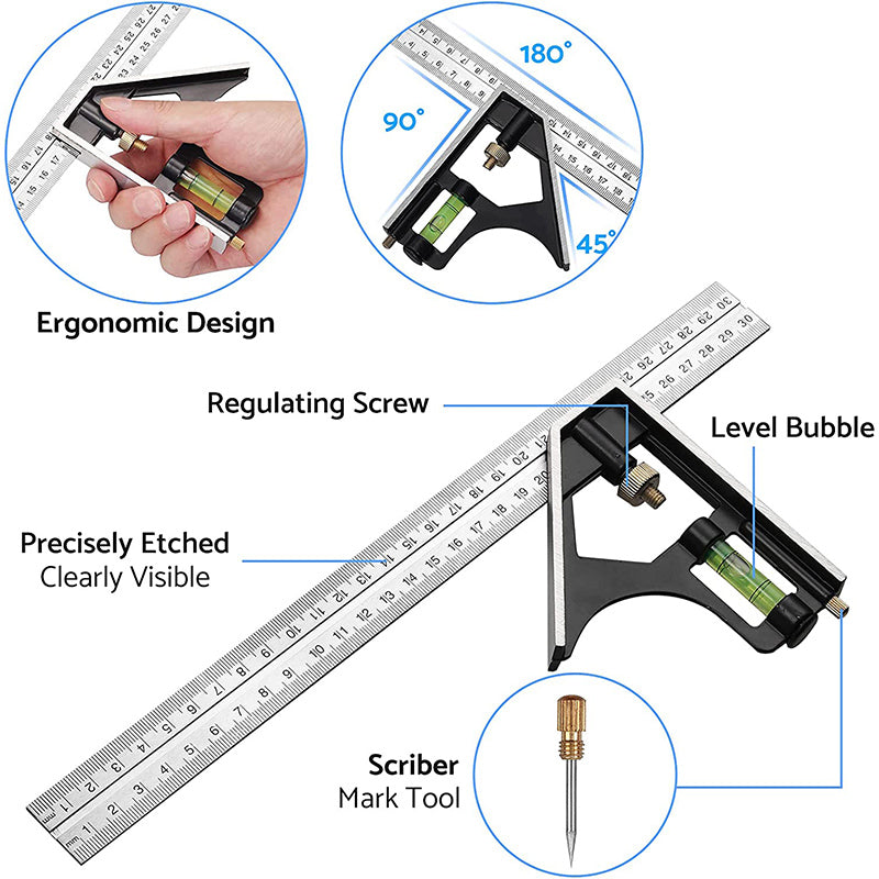 eSynic Professional 2Pcs Carpentry Squares Set 300mm Combination Square and 8-Inch Adjustable Sliding Bevel Gauge