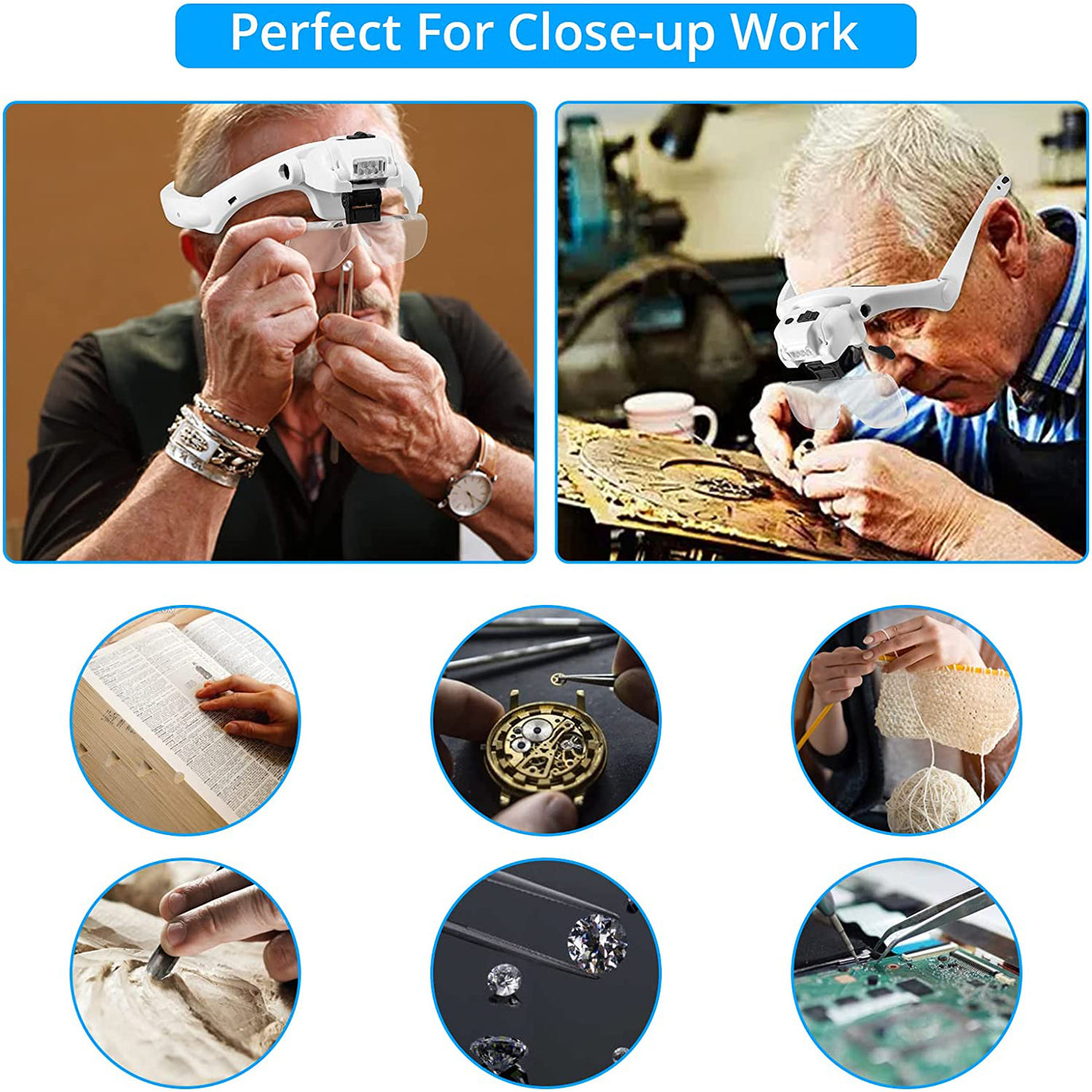 eSynic LED Head Magnifier USB Charging Headband Magnifying Glass