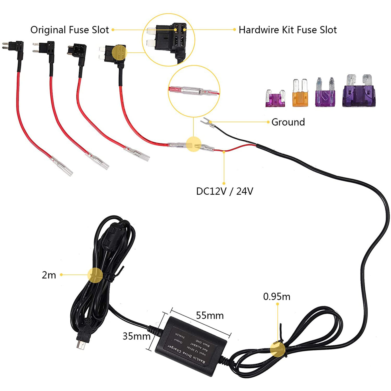 eSynic Dash Cam Hardwire Kit For Mini USB & Micro USB Dash Cam & 12V-24V Vehicles