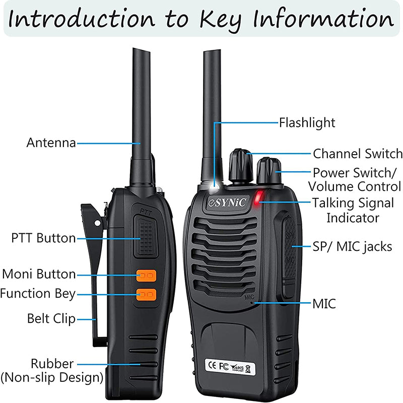 eSynic 2Pcs Professional Adult Walkie Talkies Portable 2 Way Radio Long Range Support 16 Channel VOX