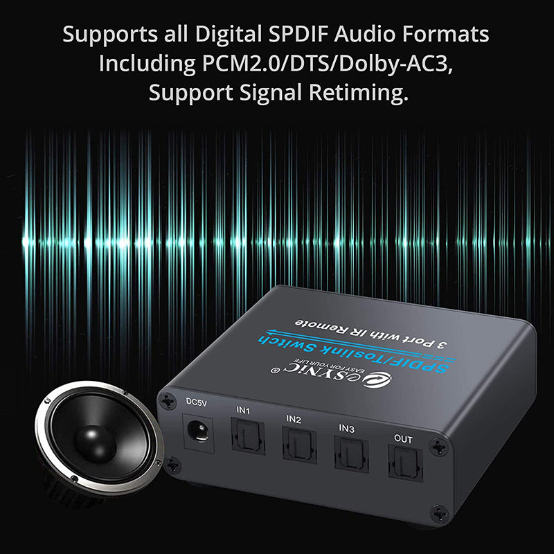 eSynic 3 X 1 Digital Optical Audio Switcher with IR Remote Control