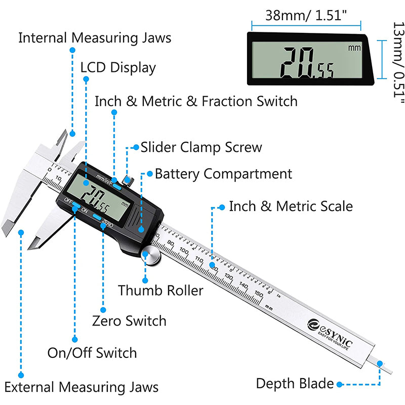 eSynic Digital Vernier Caliper with 32 Blade Feeler Gauge 150mm/6Inch