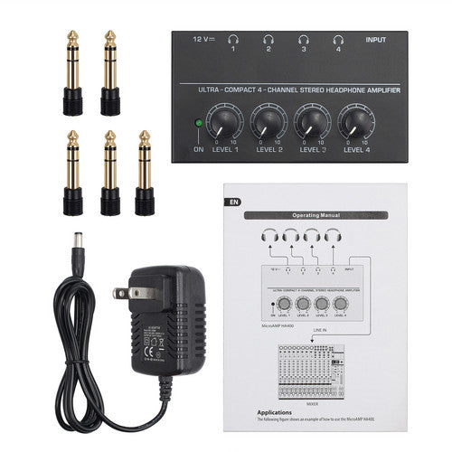HA400 4-Channel Headphone Amplifier Audio Stereo Amp 6.35mm TRS Adapter Portable