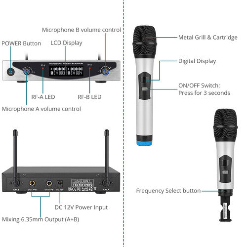 Professional Dual Wireless Microphone UHF Cordless Handheld Mic System Karaoke