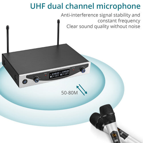 Professional Dual Wireless Microphone UHF Cordless Handheld Mic System Karaoke