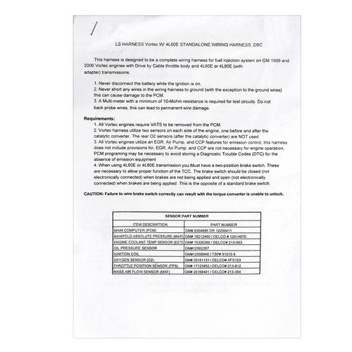 Standalone Wiring Harness T56 or Non-Electric Tran 4.8 5.3 6.0 DBC LS1 1997-2006