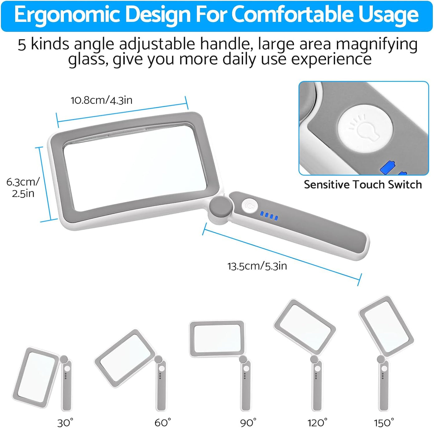 eSynic High Definition Handheld Magnifying Glass 4X Handle Magnifying Lamp With 10.8*6.3cm/4.25*2.5inch Lens Rechargeable Handheld Magnifying Glass With 10 LED Lights & 5 Angles For Reading Craft etc