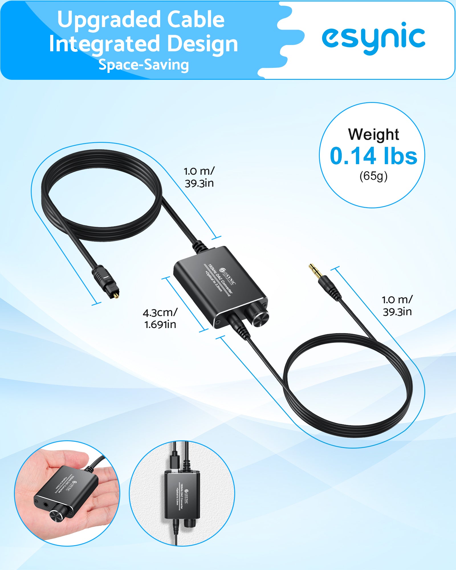 eSynic 192kHz Optical to 3.5mm Converter with Volume Control Aluminium Alloy Shell Optical to 3.5mm Audio Adapter Built-in Professional Amplifier Chip Suitable for HDTVs DVD Set-top Boxes Heaphone etc