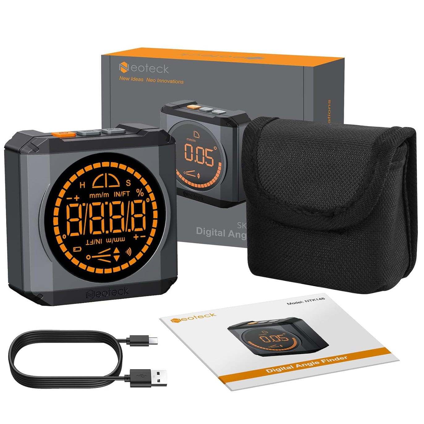 Neoteck Digital Angle Finder LED Rechargeable Level Box Protractor Bevel Gauge Inclinometer with Magnetic Base IP54 Waterproof for Woodworking Home Decoration