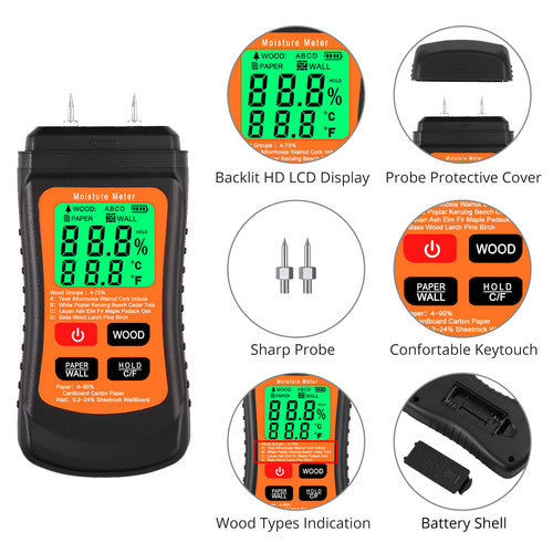 Professional Digital Wood Moisture Meter Temperature Humidity Tester  Induction Moisture Tester LCD Display Hygrometer GM630,Portable  Non-Invasive Inductive Wood Moisture Tester&Damp Detector 