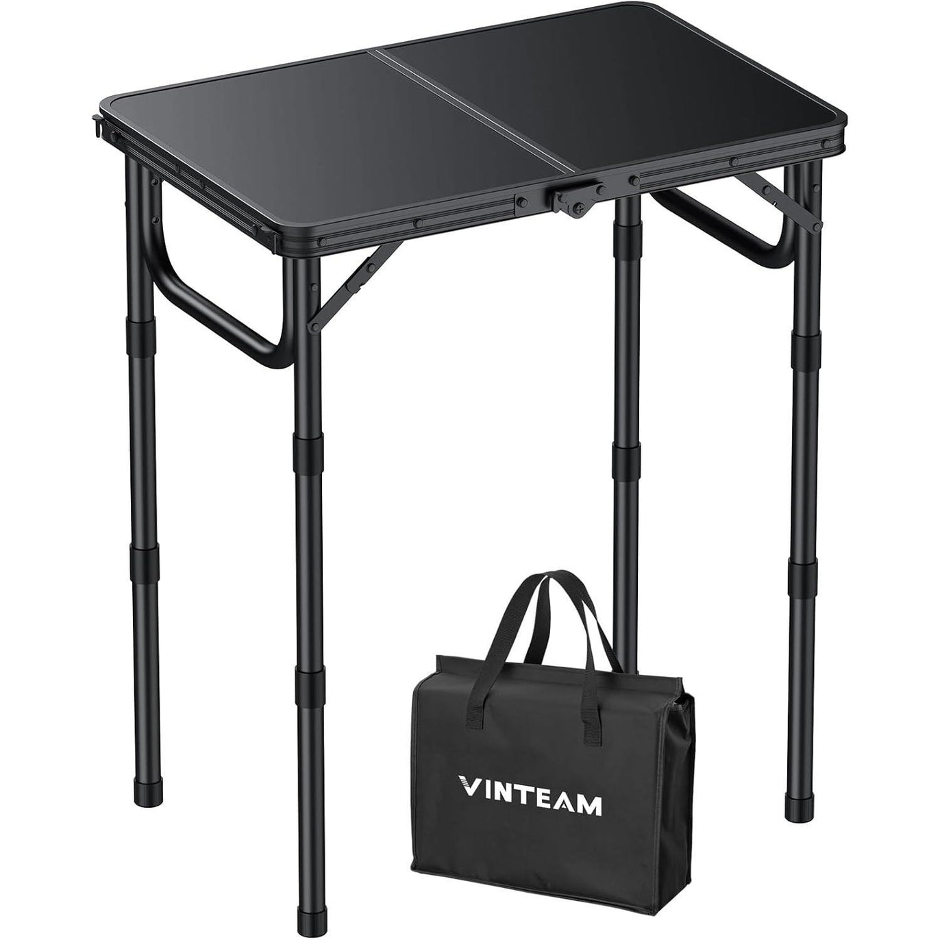 VINTEAM Camping Folding Table with Adjustable Height, Lightweight Portable Outdoor Picnic Table, BBQ Grill Side Table, Durable Aluminum Frame, MDF Desktop for Camping, Fishing, RV, Beach (Black)