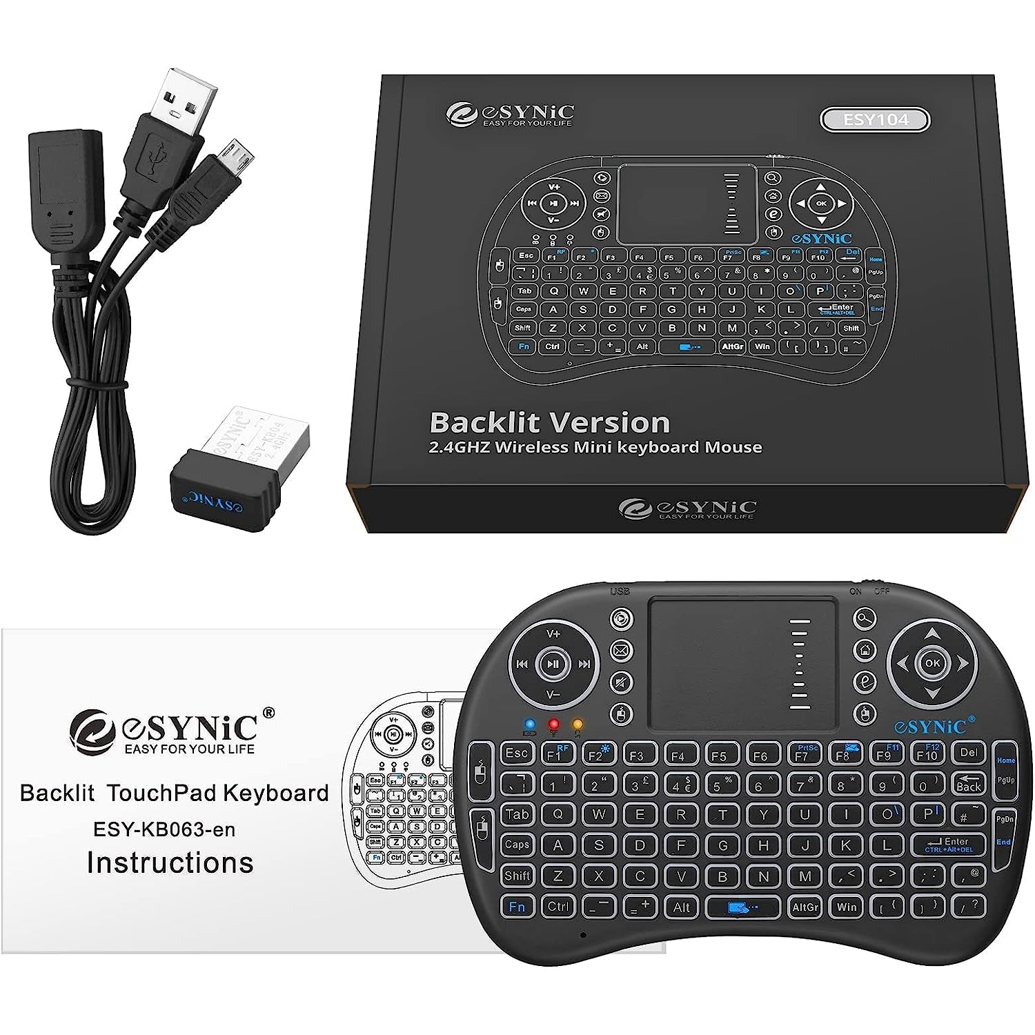 eSynic Backlit Keyboard Wireless 2.4GHz Keyboard Touchable Keyboard Portable
