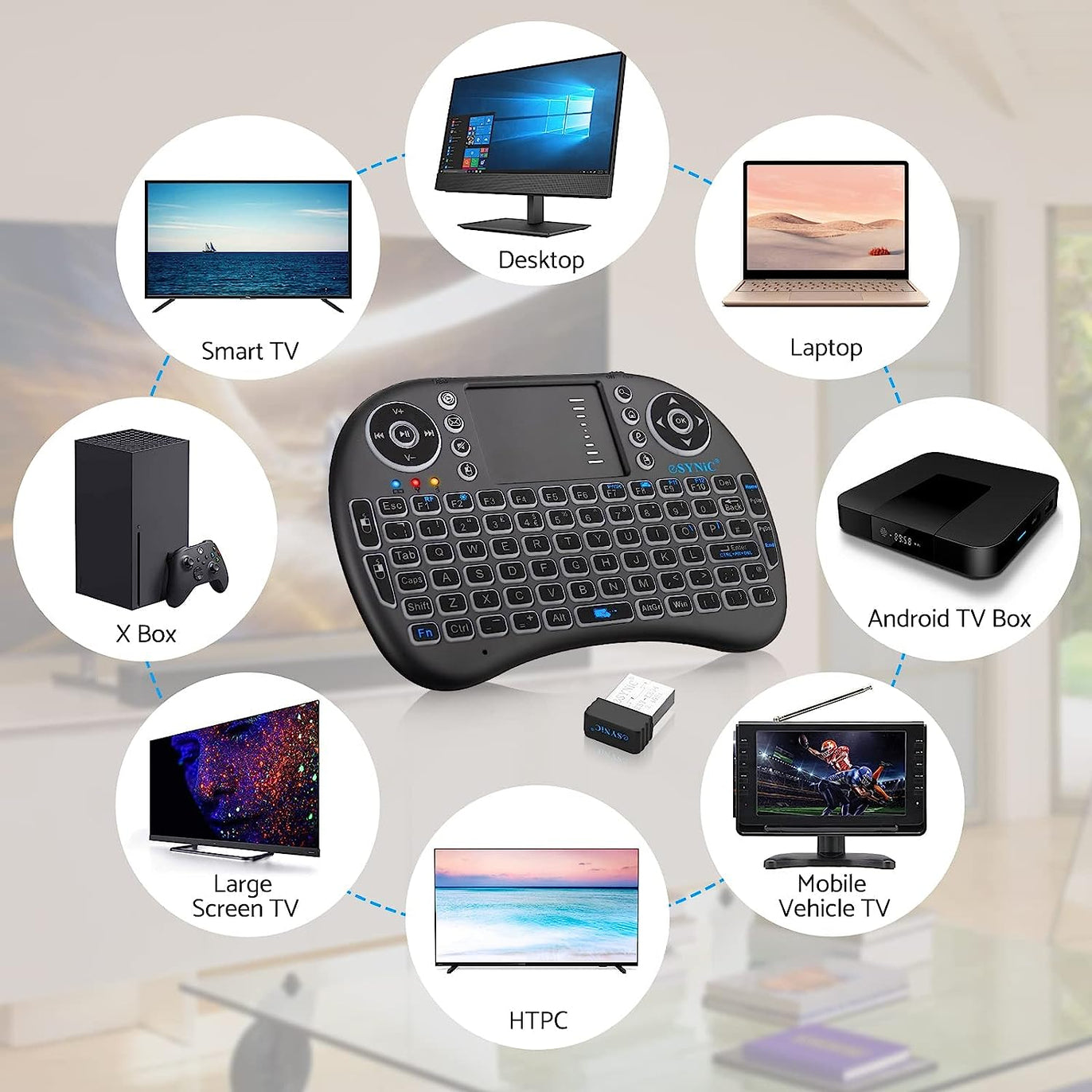 eSynic Backlit Keyboard Wireless 2.4GHz Keyboard Touchable Keyboard Portable