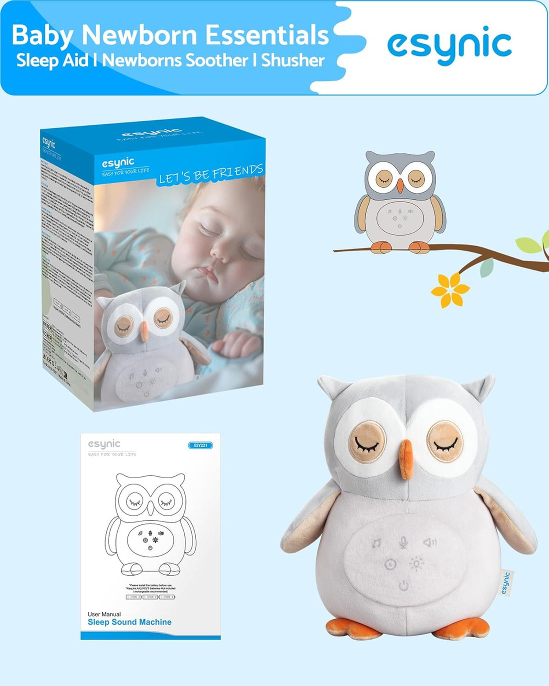 Owl Baby Sleep Soother, Baby Sound Machine, White Noise Machine Baby, 12 Sounds&Night Light, Wireless Speaker&Recording Function, Auto-Off Timer, Removable Washable, Baby & Toddler Sleep Aid