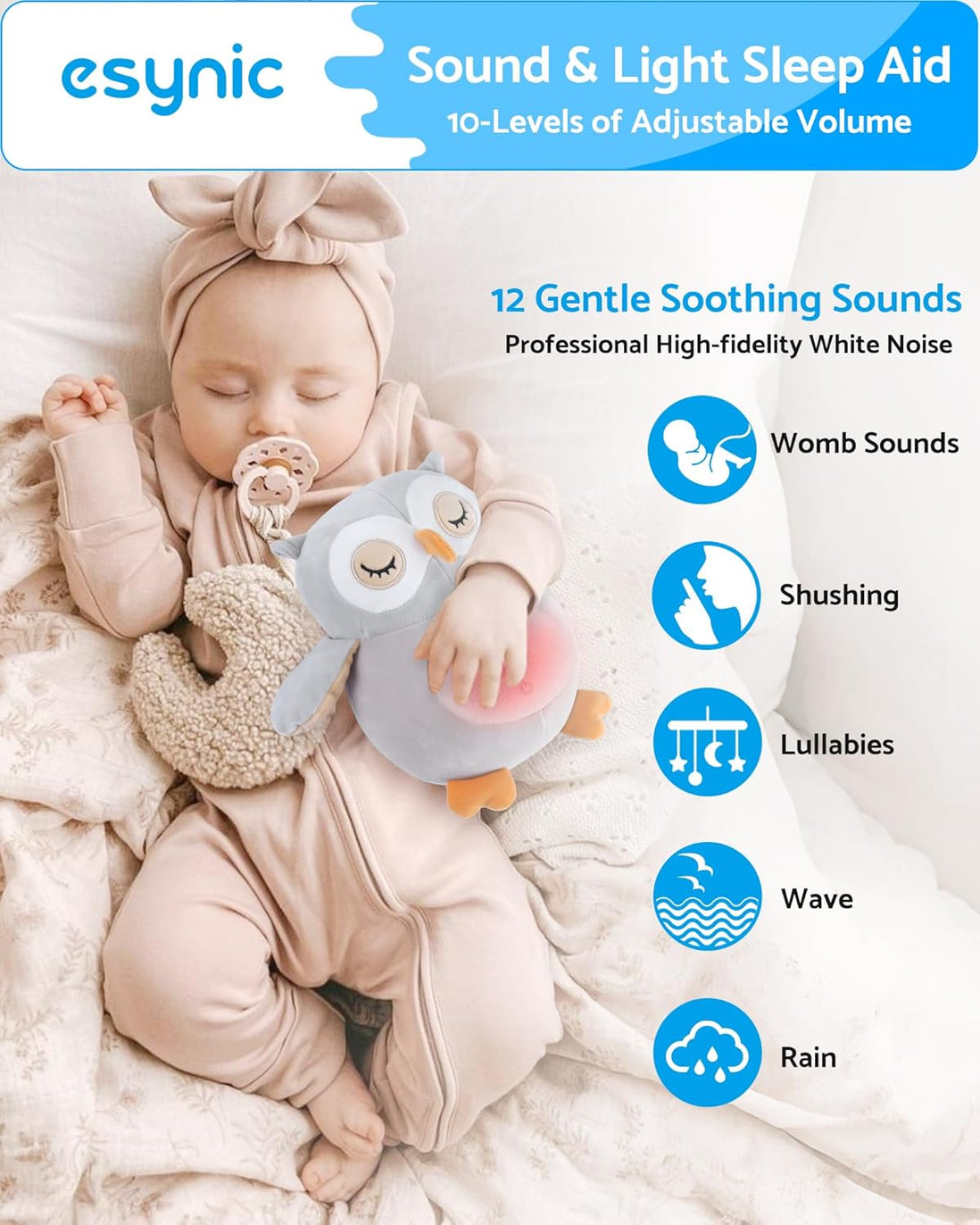 Owl Baby Sleep Soother, Baby Sound Machine, White Noise Machine Baby, 12 Sounds&Night Light, Wireless Speaker&Recording Function, Auto-Off Timer, Removable Washable, Baby & Toddler Sleep Aid