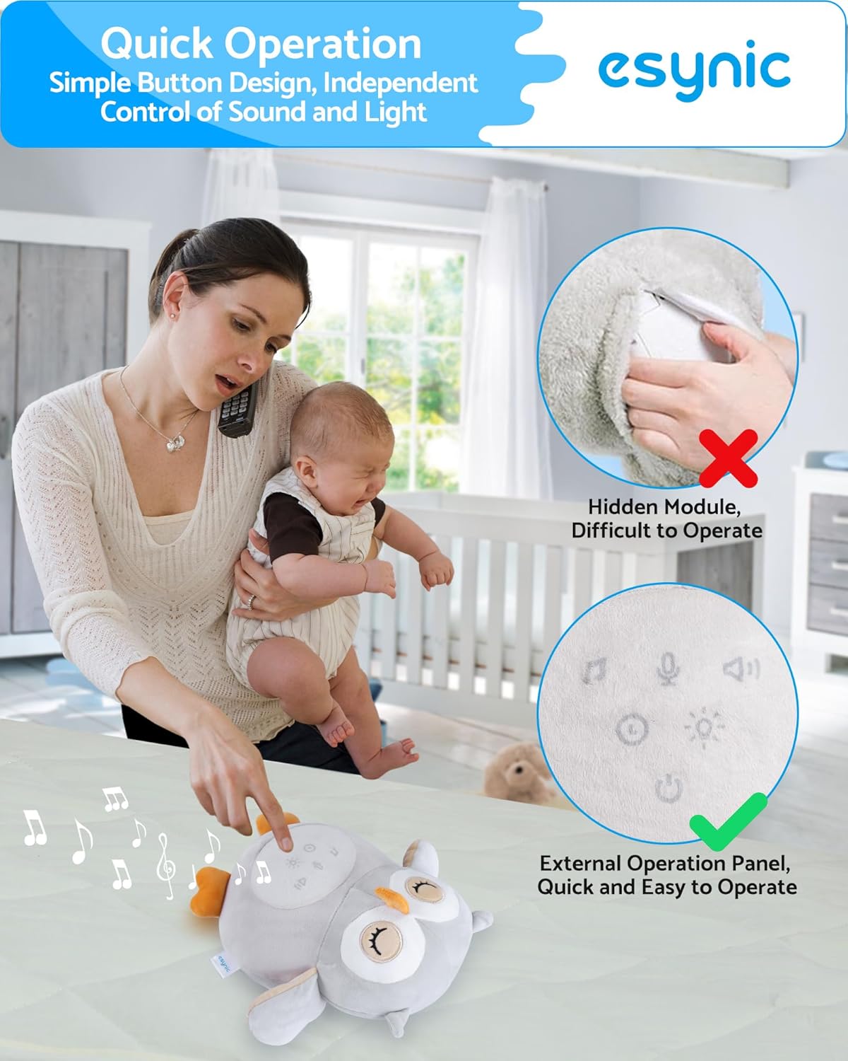 Owl Baby Sleep Soother, Baby Sound Machine, White Noise Machine Baby, 12 Sounds&Night Light, Wireless Speaker&Recording Function, Auto-Off Timer, Removable Washable, Baby & Toddler Sleep Aid