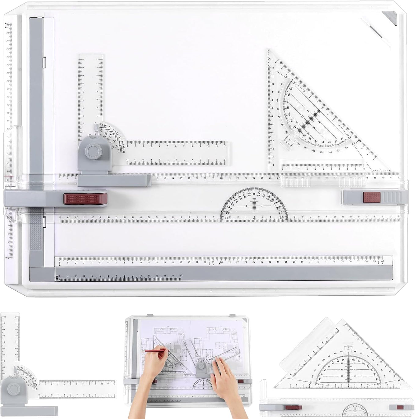 eSynic A3 Drawing Board Set, A3 Multifunction Drafting Table Adjustable Measuring System Angle Parallel Motion Drawing Board with Protractor, Paper Locator, Sliding Ruler, Anti Slip Support Leg