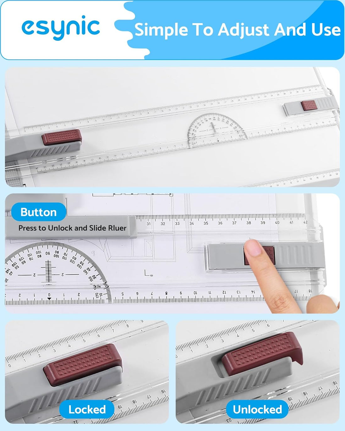 eSynic A3 Drawing Board Set, A3 Multifunction Drafting Table Adjustable Measuring System Angle Parallel Motion Drawing Board with Protractor, Paper Locator, Sliding Ruler, Anti Slip Support Leg