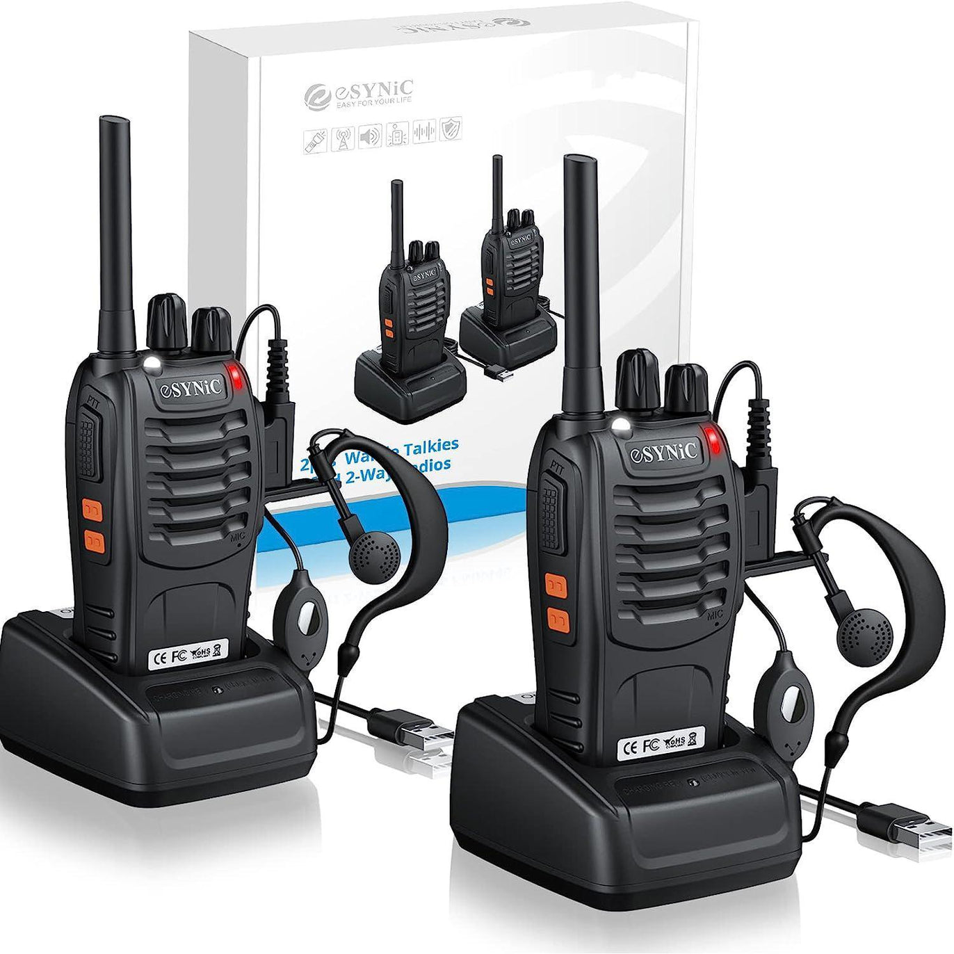 eSynic Professional Rechargeable Walkie Talkies - Long Range 2 Way Radio for Adults with VOX, 16 Channels, LED Light, Original Earpieces, Durable Design, and Portable Audio