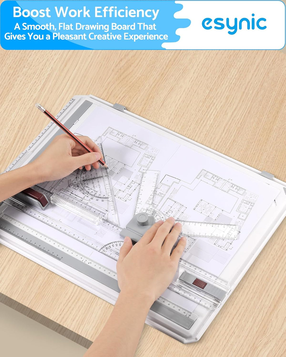 eSynic A3 Drawing Board Set, A3 Multifunction Drafting Table Adjustable Measuring System Angle Parallel Motion Drawing Board with Protractor, Paper Locator, Sliding Ruler, Anti Slip Support Leg
