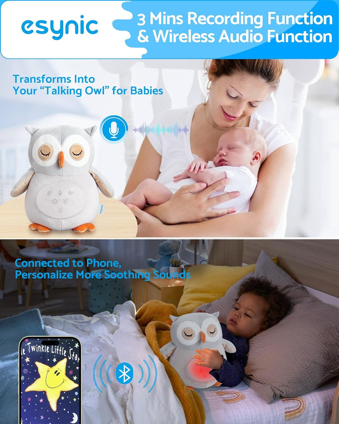 Owl Baby Sleep Soother, Baby Sound Machine, White Noise Machine Baby, 12 Sounds&Night Light, Wireless Speaker&Recording Function, Auto-Off Timer, Removable Washable, Baby & Toddler Sleep Aid