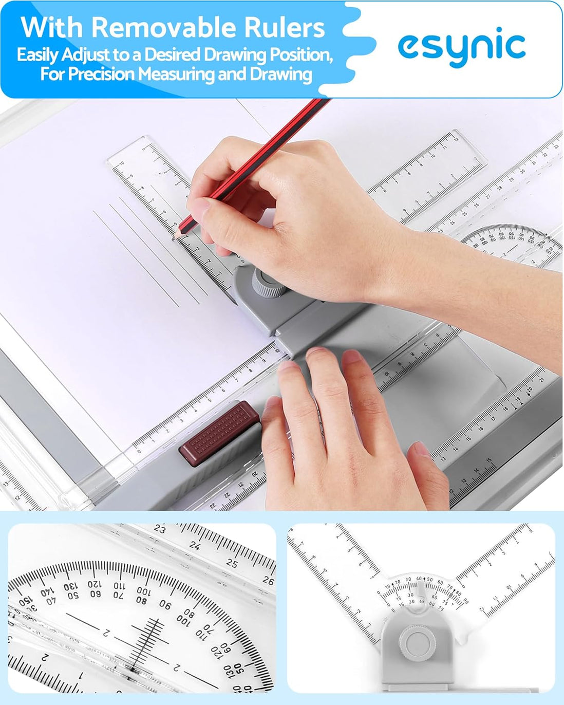 eSynic A3 Drawing Board Set, A3 Multifunction Drafting Table Adjustable Measuring System Angle Parallel Motion Drawing Board with Protractor, Paper Locator, Sliding Ruler, Anti Slip Support Leg