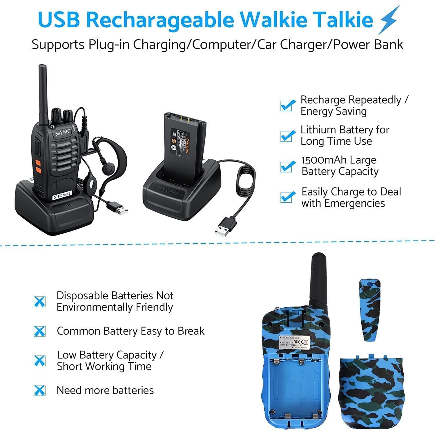 eSynic Professional Rechargeable Walkie Talkies - Long Range 2 Way Radio for Adults with VOX, 16 Channels, LED Light, Original Earpieces, Durable Design, and Portable Audio