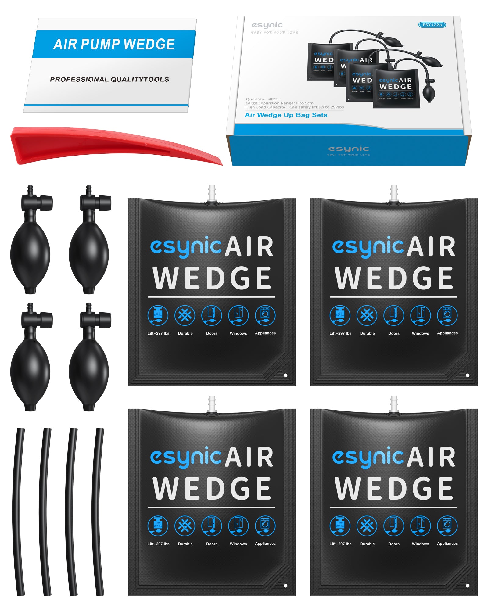 eSynic 4Pack Durable Air Wedge Bags Kit Relieable Air Wedge Pump Up Bag Inflatable Air Lifting Bags Air Wedge Winbags for Door Window Installation etc UPC:670924933229