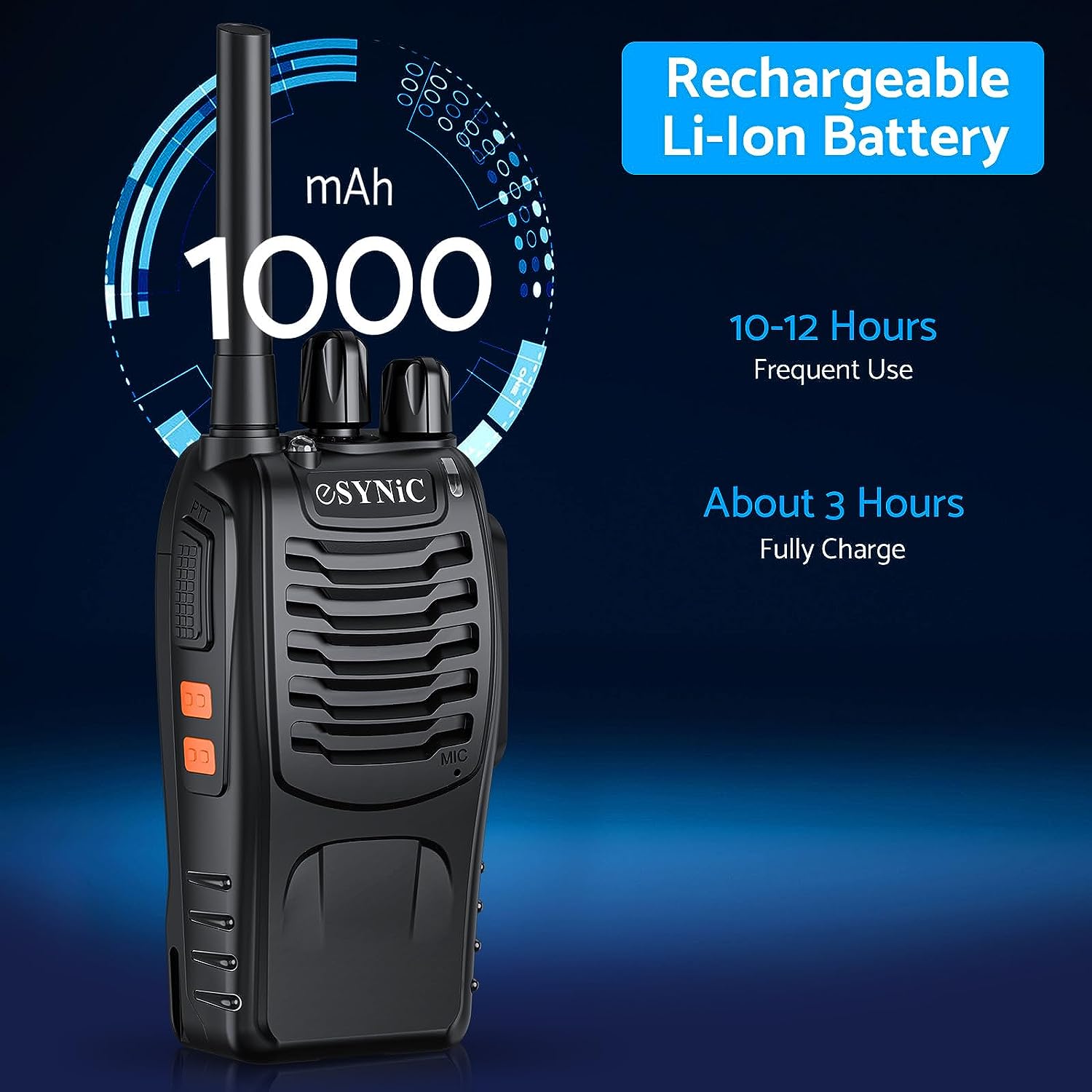 eSynic Professional Rechargeable Walkie Talkies - Long Range 2 Way Radio for Adults with VOX, 16 Channels, LED Light, Original Earpieces, Durable Design, and Portable Audio