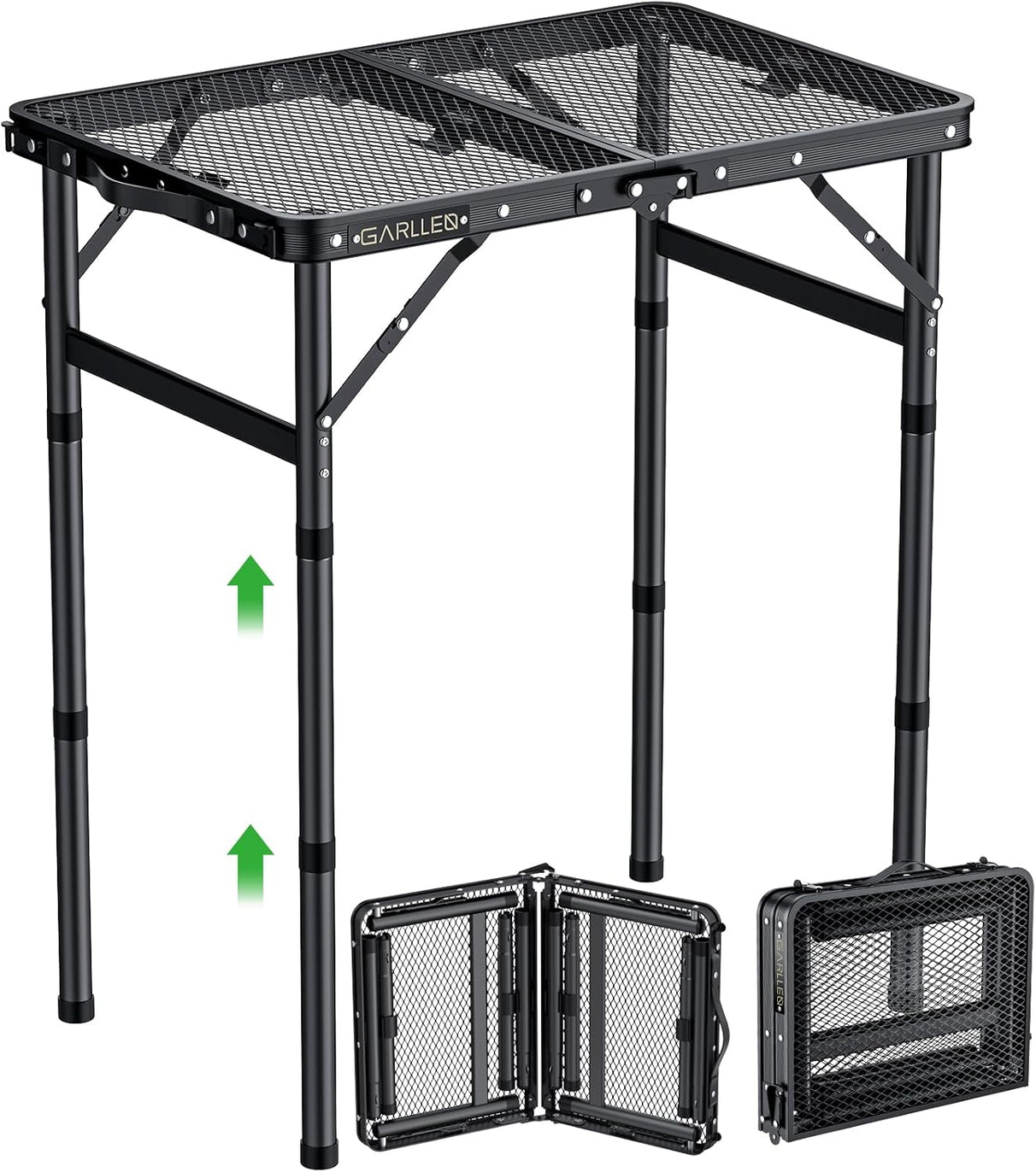 GARLLEN 2ft Folding Grill Table Max Capacity 66lbs, 3-Height Adjustable Folding Camping Table with Heat-Resistant Mesh Tabletop, Portable Aluminum Picnic Tables for BBQ, Outdoor, 22.8